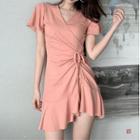 Glitter Drawstring Ruched Short-sleeve Mini A-line Dress