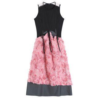 Sleeveless Rose Panel Midi A-line Dress