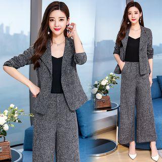 Set: Stand Collar Buckled Blazer + Flared Dress Pants