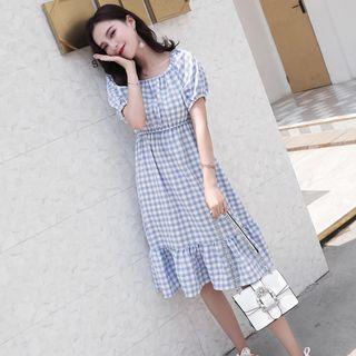 Gingham Off-shoulder Short-sleeve A-line Dress