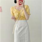 V-neck Short-sleeve Slim-fit Blouse / High-waist A-line Skirt