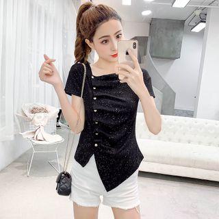 Asymmetric Short-sleeve Shirred Top
