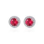 Sterling Silver Fashion Simple Geometric Round Red Cubic Zirconia Stud Earrings Silver - One Size