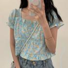 Puff-sleeve Floral Print Frill Trim Crop Top As Shown In Figure - One Size