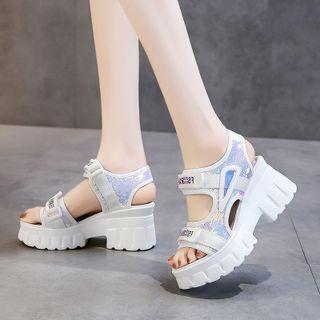 Platform Wedge Sequined Adhesive Ankle Strap Sandals