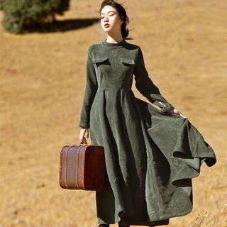 Plain Corduroy Long Sleeve Midi Dress