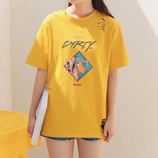 Short-sleeve Printed Distressed T-shirt