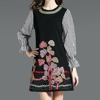Embroidered Striped Panel Long Sleeve Dress
