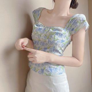 Sleeveless Flower Print Blouse / Asymmetrical Pencil Skirt