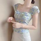 Sleeveless Flower Print Blouse / Asymmetrical Pencil Skirt