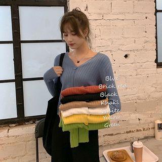 Plain V-neck Single-breasted Long-sleeve Knit Cardigan