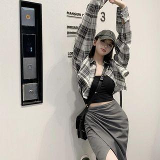 Plaid Crop Shirt / Cropped Camisole Top / Asymmetrical Midi Pencil Skirt