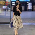 Set: Elbow-sleeve Knit Top + Print Midi A-line Skirt