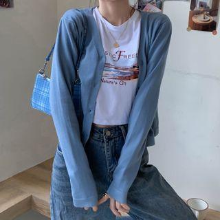 Printed Short-sleeve Cropped T-shirt / Plain Cardigan