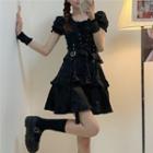 Set: Puff-sleeve Lace-up A-line Dress + Arm Sleeves