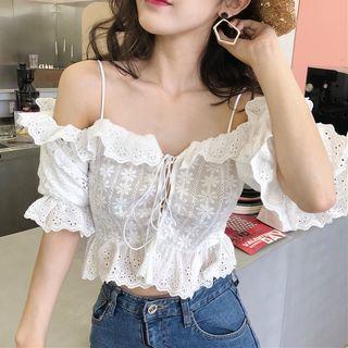 Elbow-sleeve Cold Shoulder Lace Top As Shown In Figure - One Size