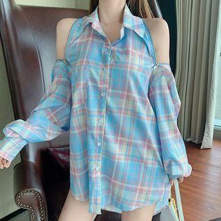 Long-sleeve Cold Shoulder Plaid Shirt Plaid Shirt - One Size
