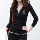 Letter Embroidered Long Sleeve Henley T-shirt