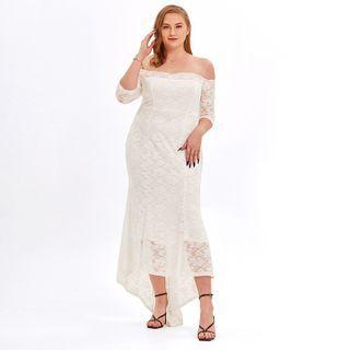 Plus Size Lace Panel Off-shoulder Long-sleeve Midi A-line Dress