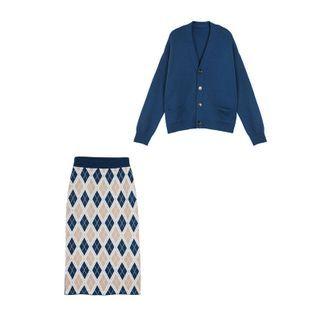 Set: Plain Cardigan + Argyle Midi Pencil Skirt