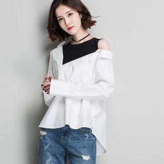 Asymmetric Mock Two-piece Long-sleeve Blouse