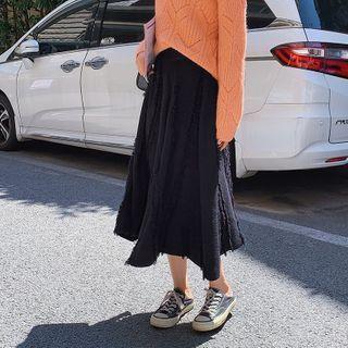 Fray Hem Midi A-line Skirt
