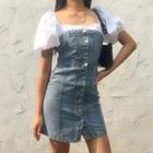 Puff-sleeve Square Collar Denim Panel Mock Two Piece Dress