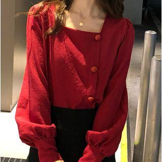 Square Collar Long-sleeve Buttoned Top