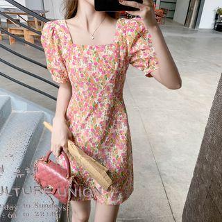 Puff-sleeve Floral Print Cutout Sheath Dress