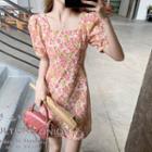 Puff-sleeve Floral Print Cutout Sheath Dress