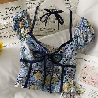 Contrasted Ribbon-accent Floral Halter Top Blue - One Size