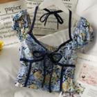 Contrasted Ribbon-accent Floral Halter Top Blue - One Size