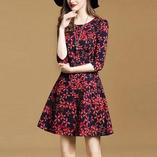 Flower Print 3/4-sleeve A-line Dress