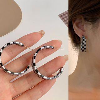Checker Resin Open Hoop Earring 1 Pair - Check - Black & White - One Size