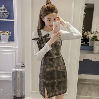 Set: Long-sleeve Knit Top + Plaid Mini Sheath Pinafore Dress