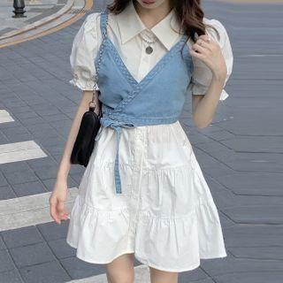 Set: Puff-sleeve A-line Mini Shirtdress + Sleeveless Denim Crop Top
