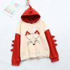 Two-tone Fox Embroidered Hoodie Beige - One Size