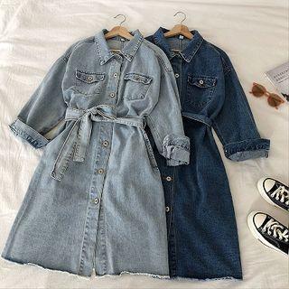 Plain Single-breasted Lace-up Frayed Denim Dress