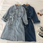 Plain Single-breasted Lace-up Frayed Denim Dress