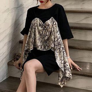 Elbow-sleeve Snake Print Paneled Mini T-shirt Dress Black - One Size