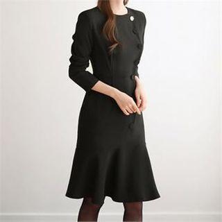 Faux-pearl Buttoned Ruffle-hem Coatdress