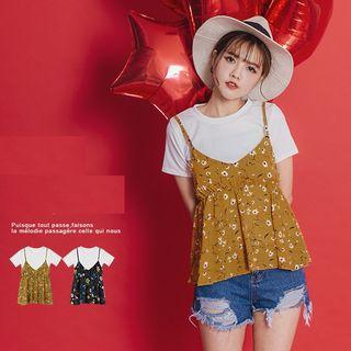 Set: Floral Printed Top + Plain Tee