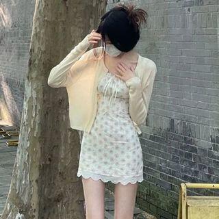 Sleeveless Floral Mini Dress/ Light Cardigan / Set