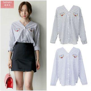 Long-sleeved Embroidered Loose-fit Striped V-neck Blouse