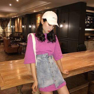 Plain Short-sleeve T-shirt Dress / Denim Mini Skirt