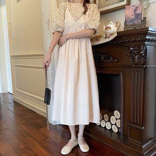Puff-sleeve Floral Blouse / Spaghetti Strap Lace Trim Midi A-line Dress