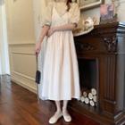 Puff-sleeve Floral Blouse / Spaghetti Strap Lace Trim Midi A-line Dress