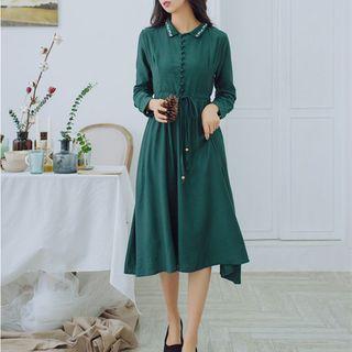 Long Sleeve Gathered-waist Collared A-line Midi Dress