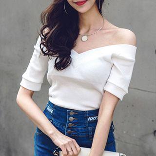 Off Shoulder Short Sleeve Ribbed T-shirt