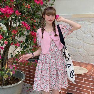 Set: Short-sleeve Floral Print Dress + Vest